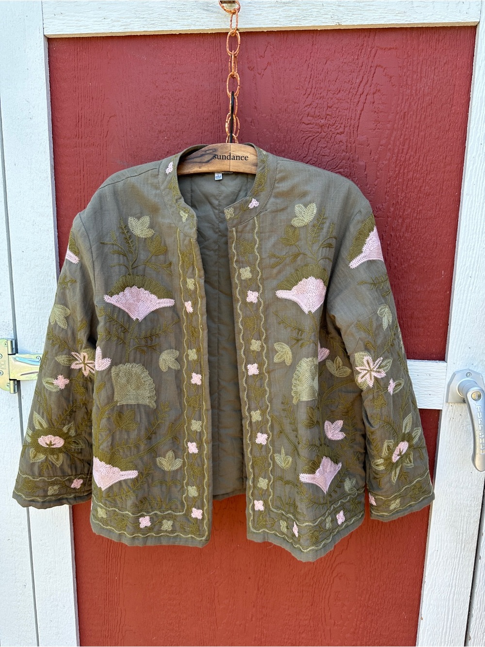 Polagram Olive Green Quilted Jacket with Pink Embroidery-Never Worn!